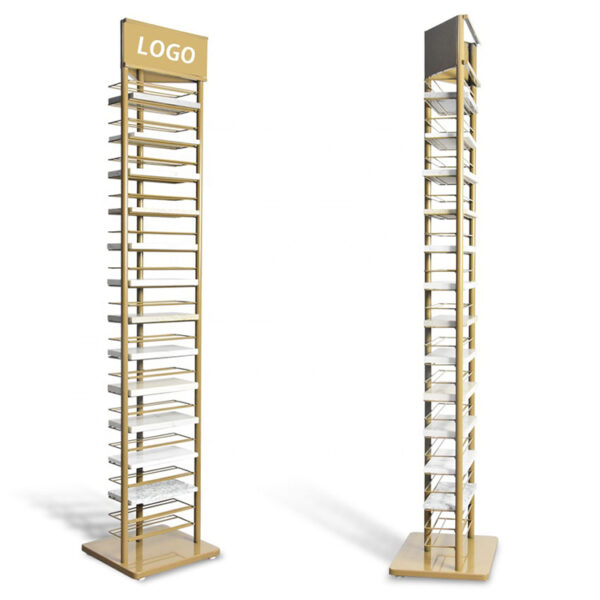 Ceramic Tile Metal Display Racks Golden Tower Marble Quartz Stone Display Stand