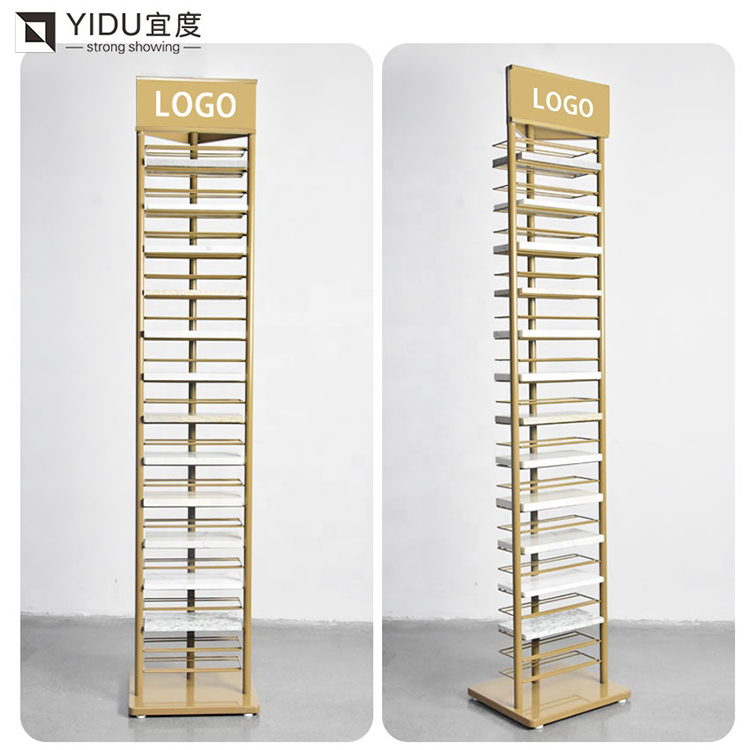 Ceramic Tile Metal Display Racks Golden Tower Marble Quartz Stone Display Stand