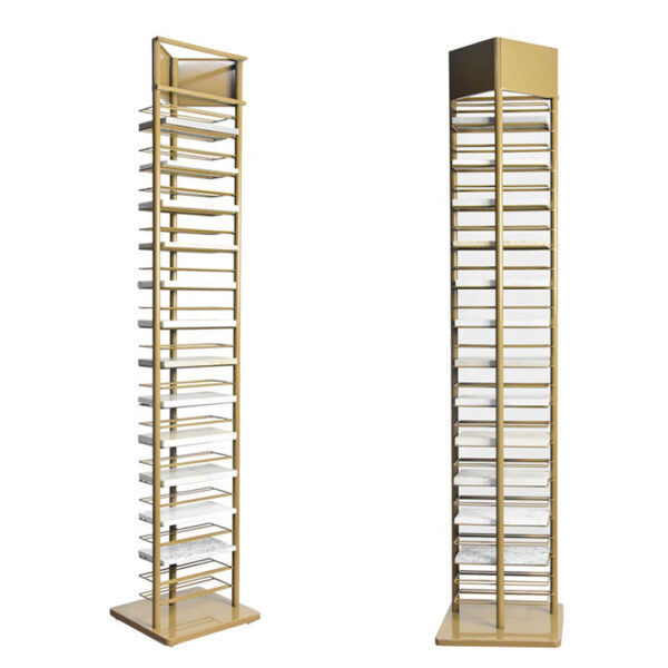 Ceramic Tile Metal Display Racks Golden Tower Marble Quartz Stone Display Stand