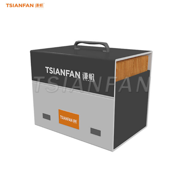 cardboard display suitcase wooden floor sample show